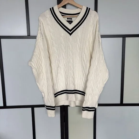ABERCROMBIE & FITCH Cable knit Oversized Varsity Prep Sweater Women’s XL Tennis - Picture 5 of 13
